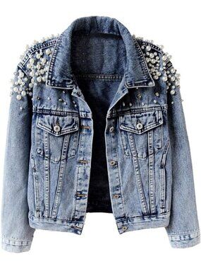 Embroidered Pearl Rivet Women's Short Denim Jean Jacket - Stylish & Trendy Coat